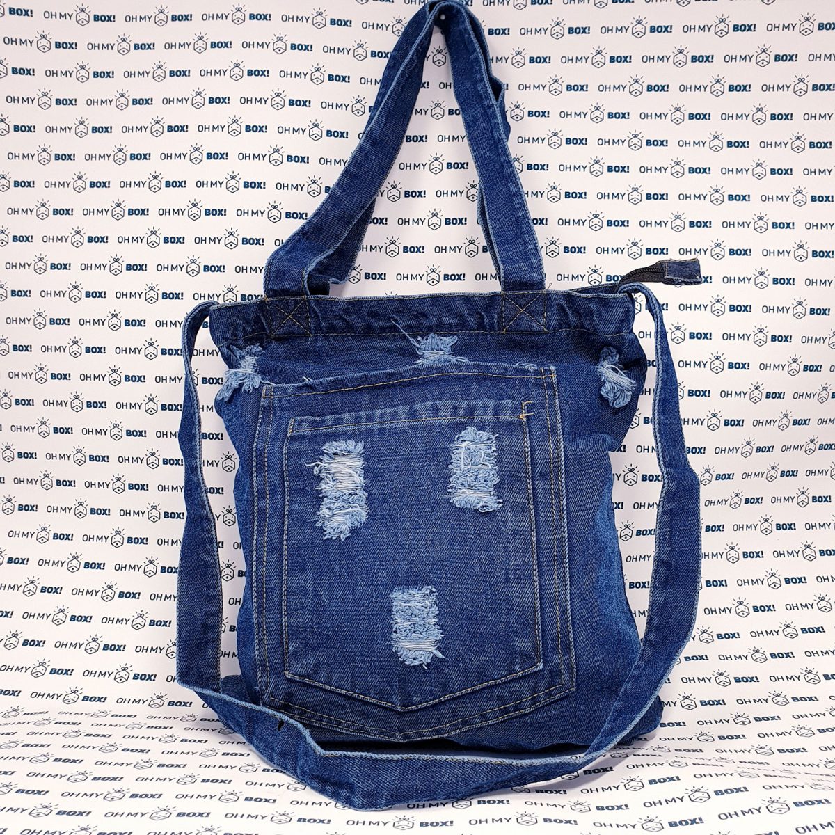 Jeans Fabric Handbag with Quote - Blue