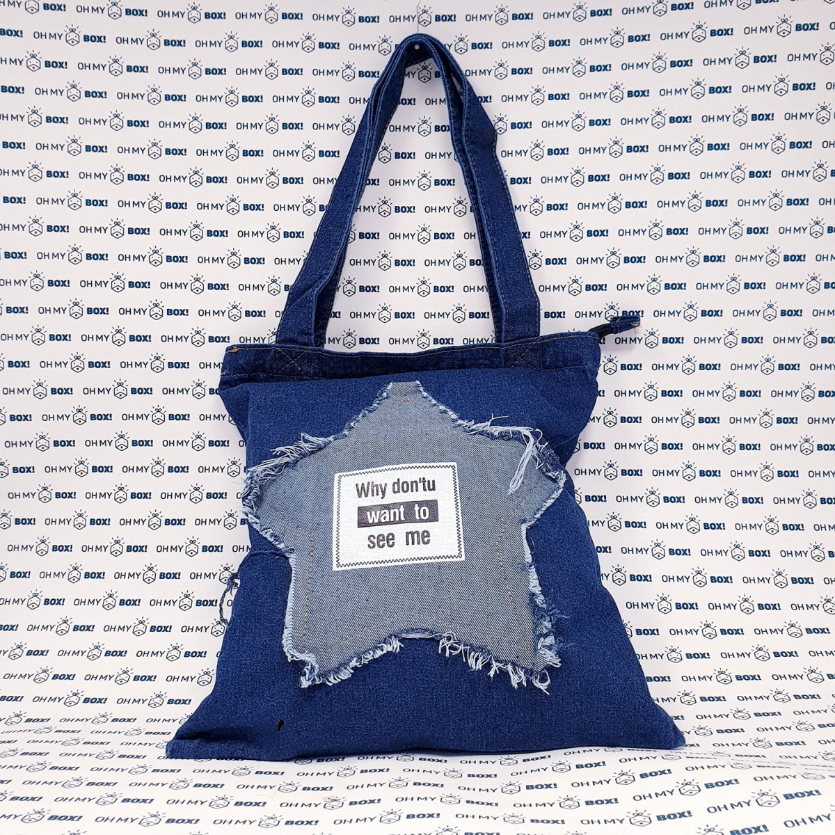 Jeans Fabric Handbag with Quote - Blue