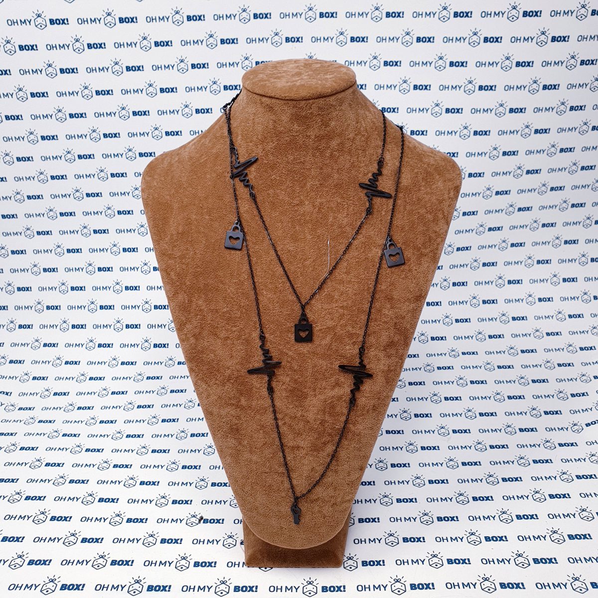 Heartbeat and lock very long necklace - Black