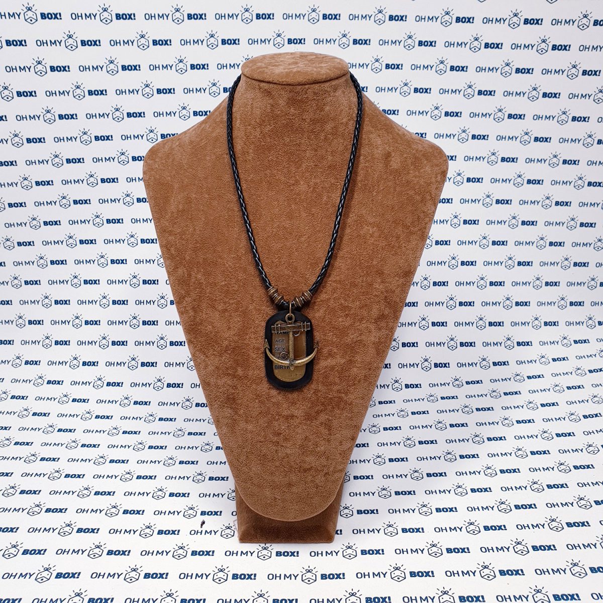 Braided leather string necklace with pendant and military dog tag - Anchor