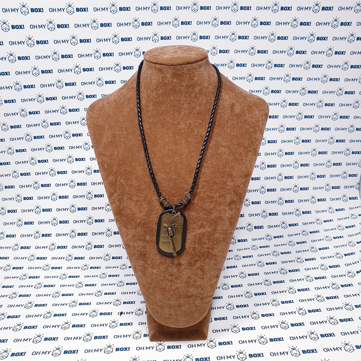 Braided leather string necklace with pendant and military dog tag - Gun