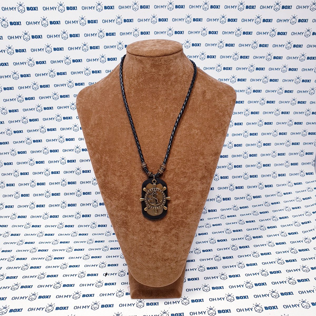 Braided leather string necklace with pendant and military dog tag - Ship Steering Wheel