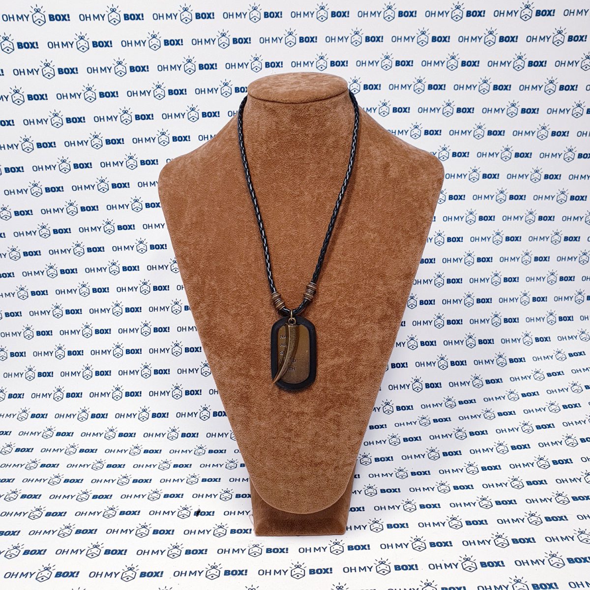 Braided leather string necklace with pendant and military dog tag - Tusk