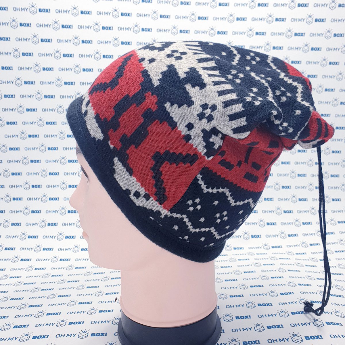 Winter Beanie Hat with String - Pattern - Christmas Pattern Red and Black