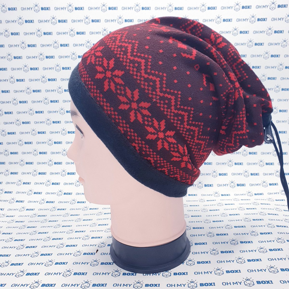 Winter Beanie Hat with String - Pattern - Red and Black Snow