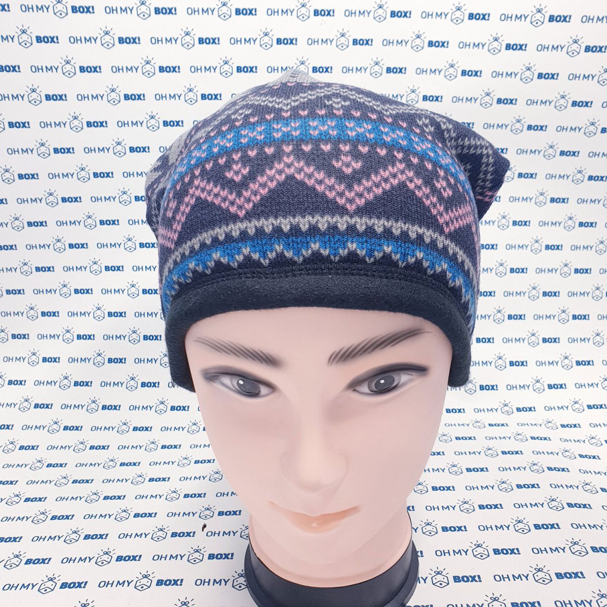 Winter Beanie Hat with String - Pattern - Christmas Pattern Navy