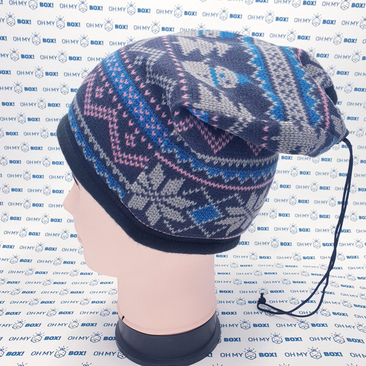 Winter Beanie Hat with String - Pattern - Christmas Pattern Navy