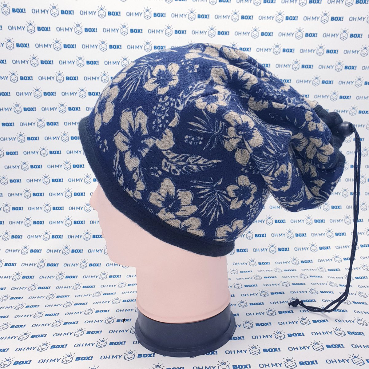 Winter Beanie Hat with String - Pattern - Floral Pattern Navy