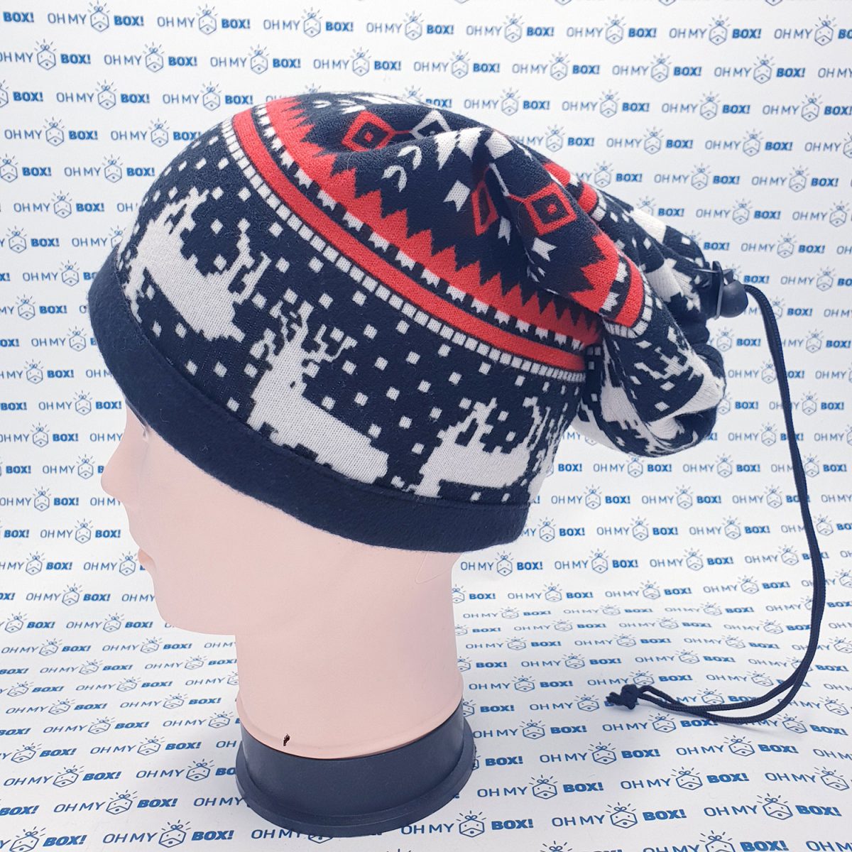 Winter Beanie Hat with String - Pattern - Christmas Pattern Red and Black 2