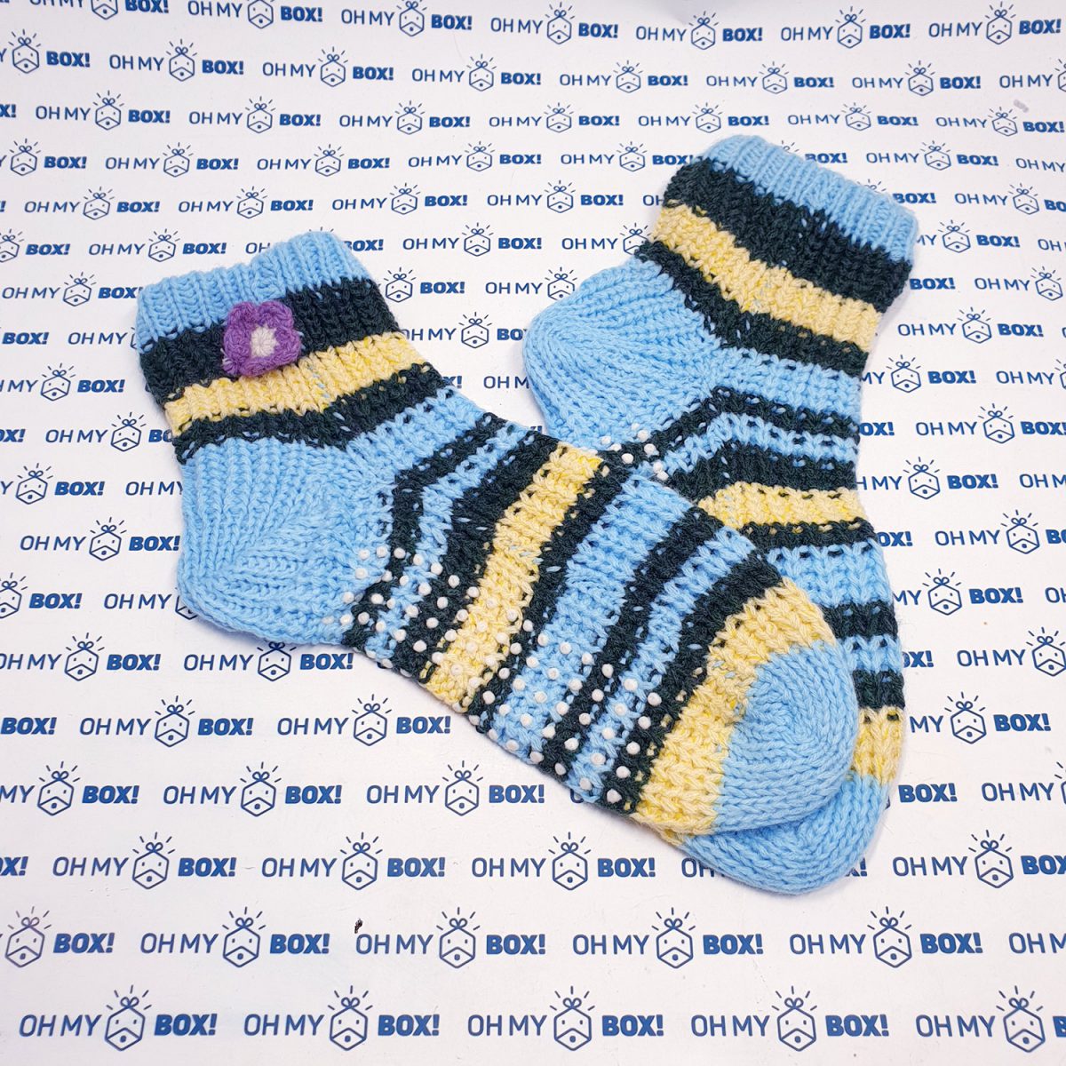 Crochet Slipper Socks - Blue with Flower