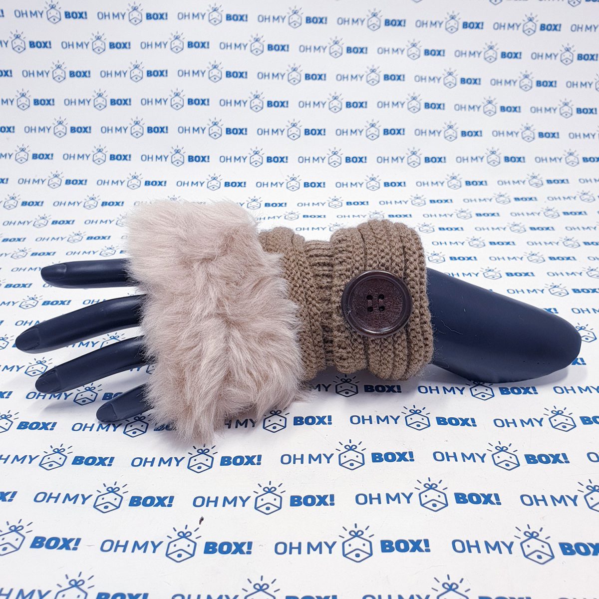 Fur Fingerless Gloves with Button - Brown