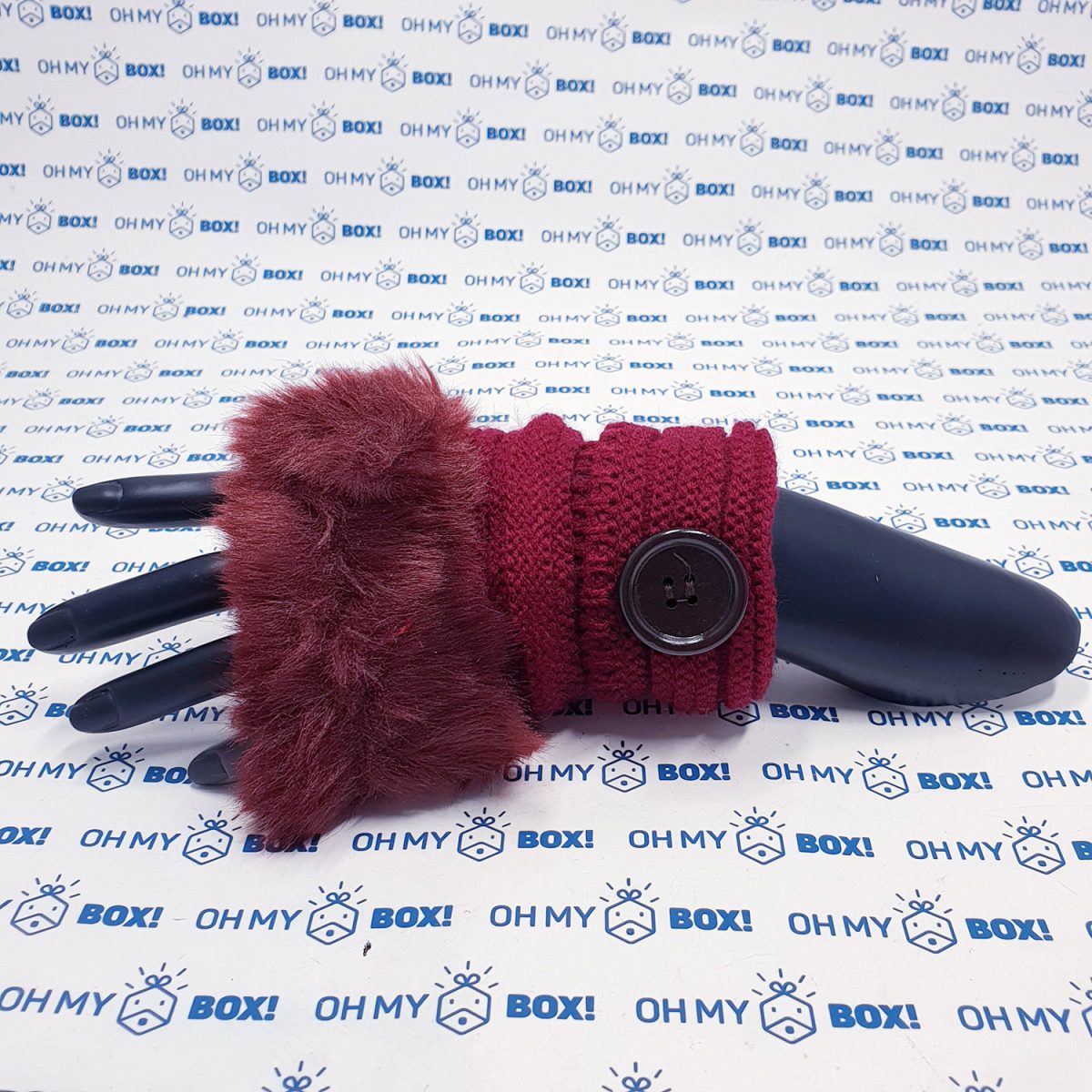 Fur Fingerless Gloves with Button - Maroon