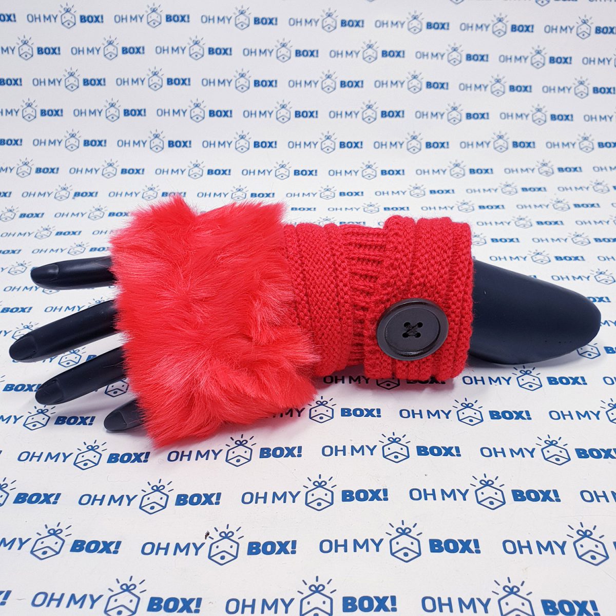 Fur Fingerless Gloves with Button - Red