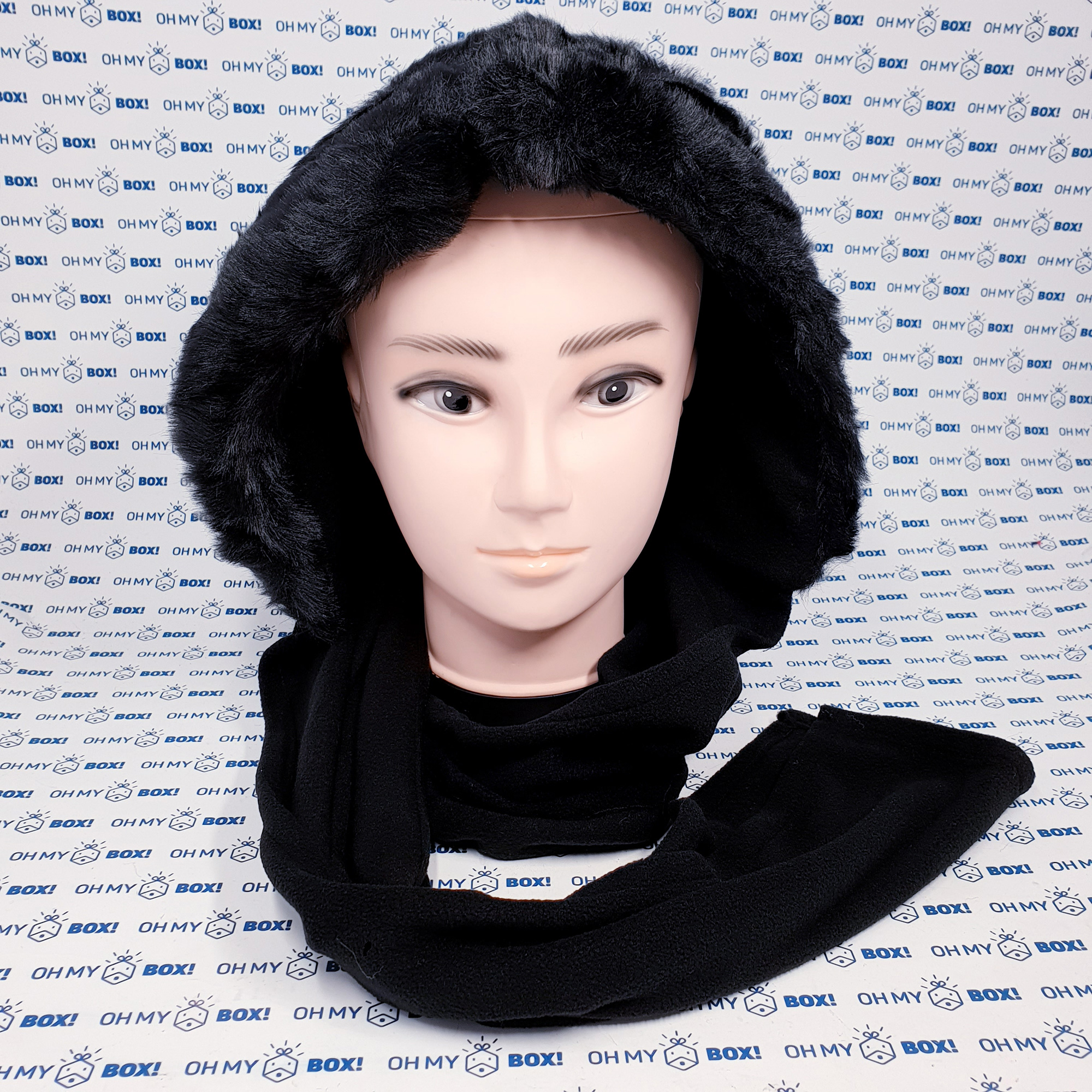 Fur Hat with Attached Scarf - Black