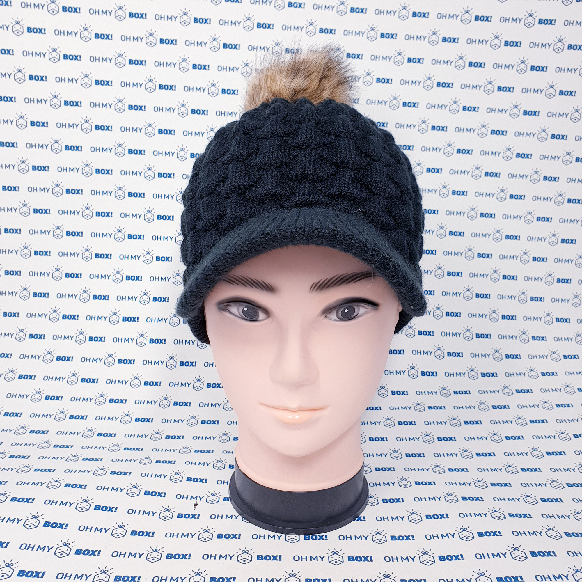 Winter Cap with Fur Ball - Black