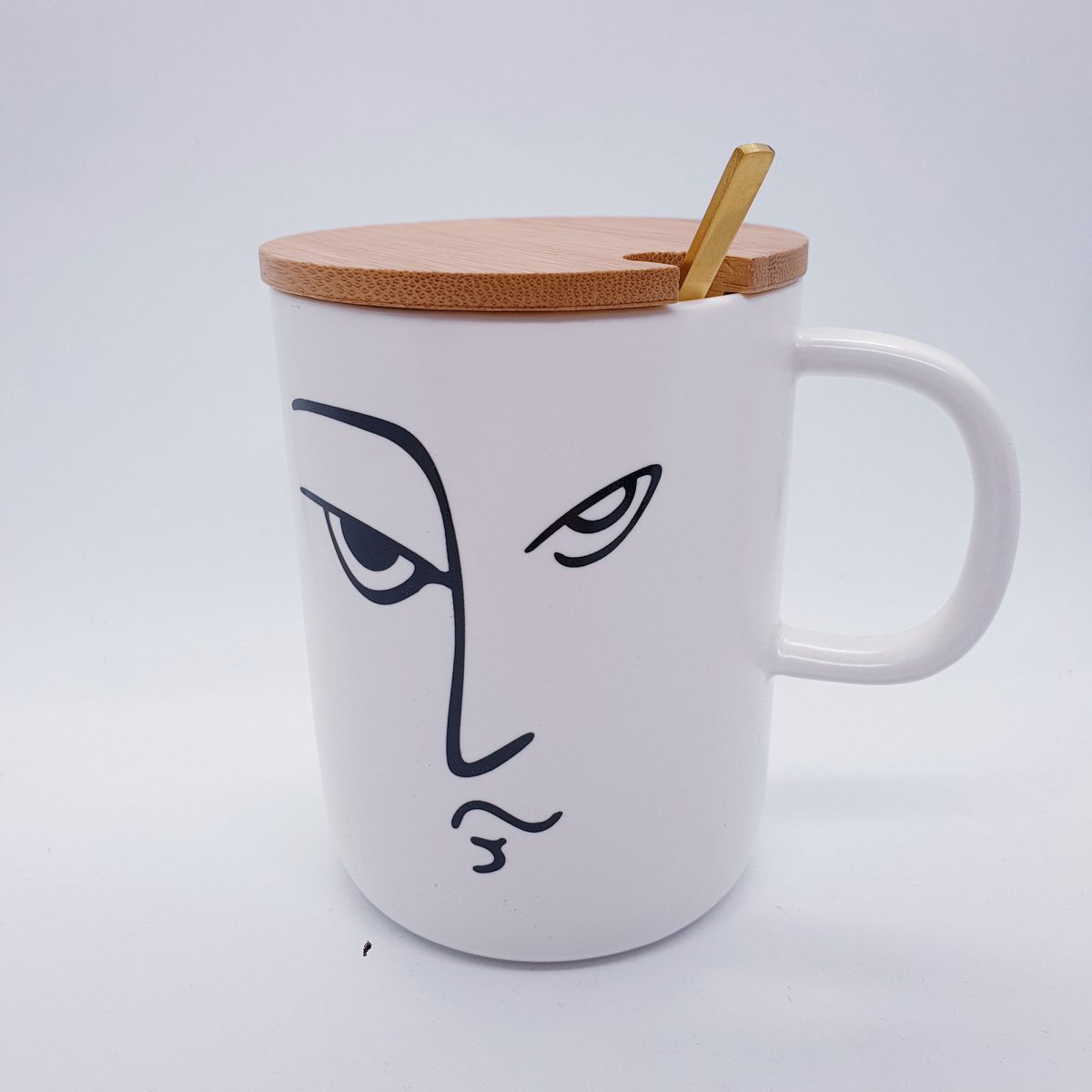 Mug with Abstract Face Art with Wooden Lid and Golden Spoon - Shape 1