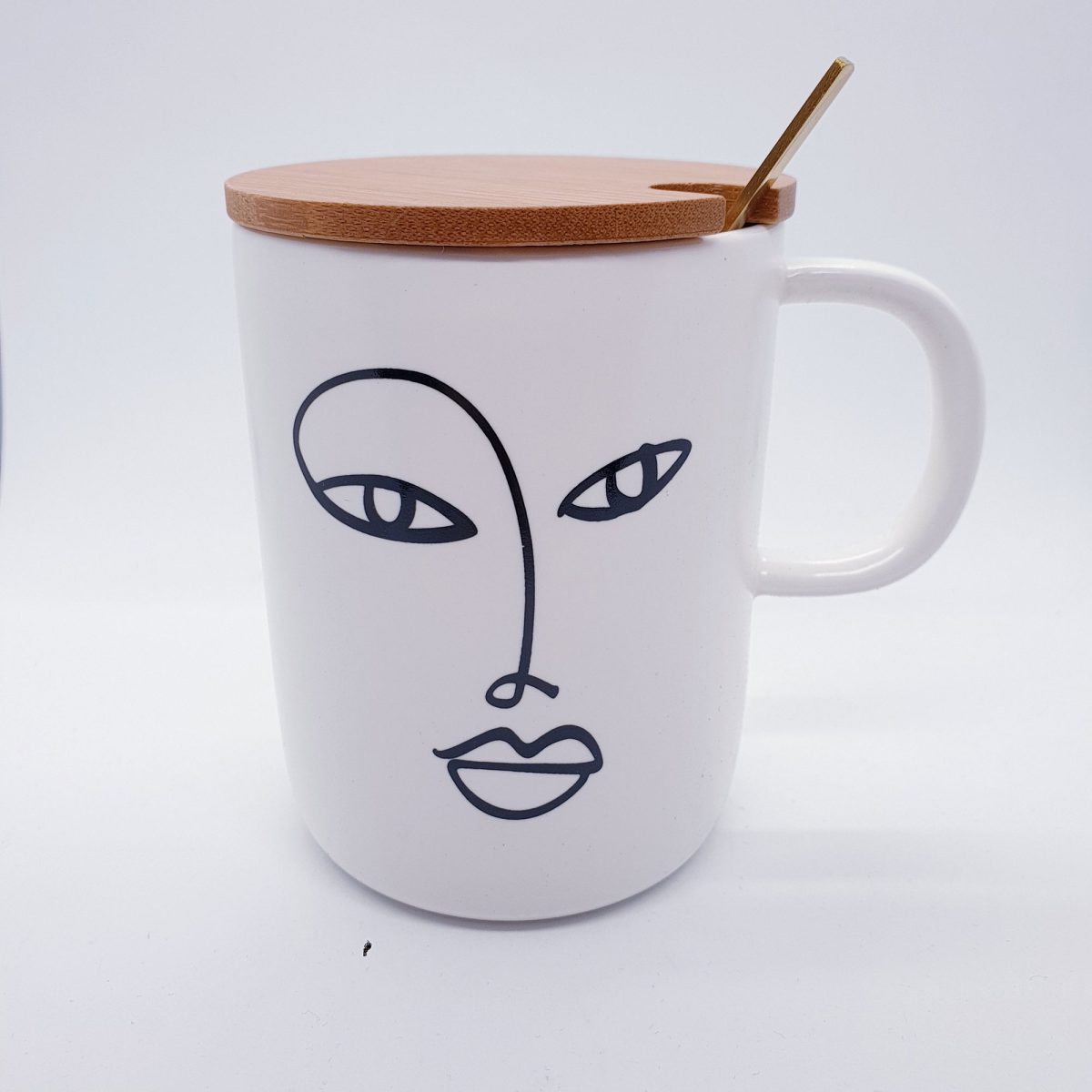 Mug with Abstract Face Art with Wooden Lid and Golden Spoon - Shape 2