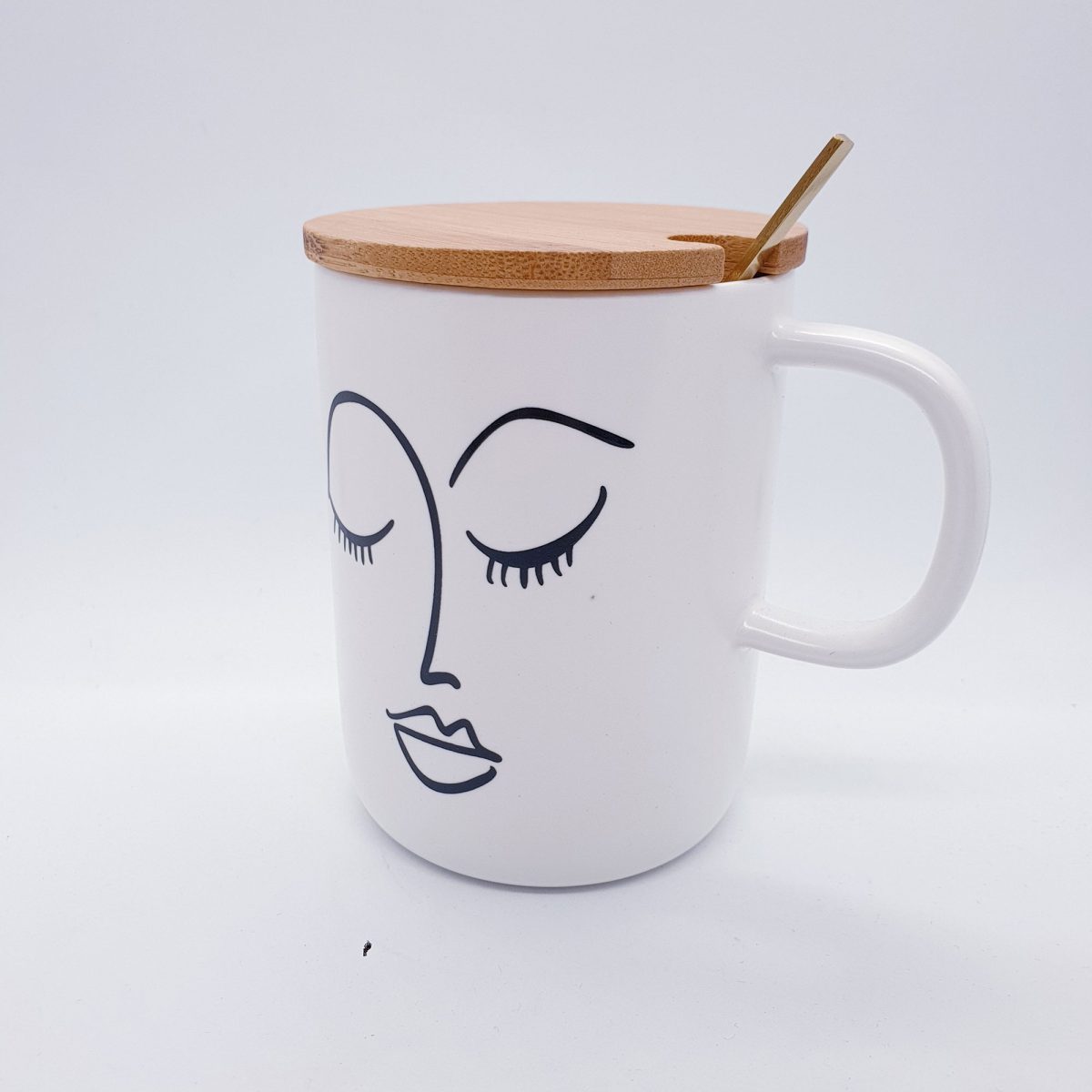 Mug with Abstract Face Art with Wooden Lid and Golden Spoon - Shape 3