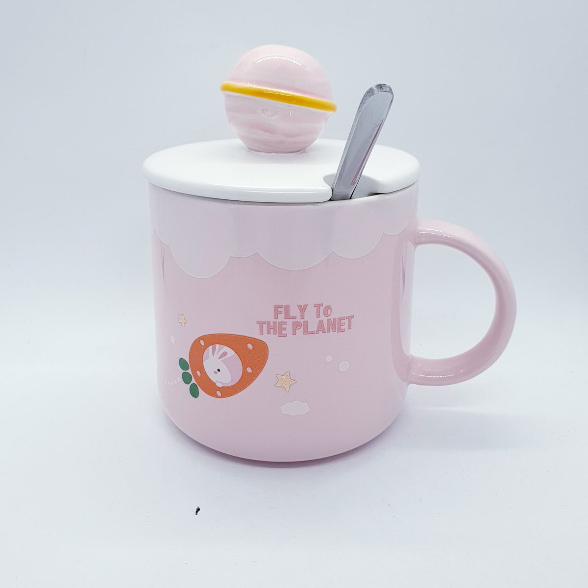 Cute Space Theme Mug with Lid and Spoon - Pink Rabbit