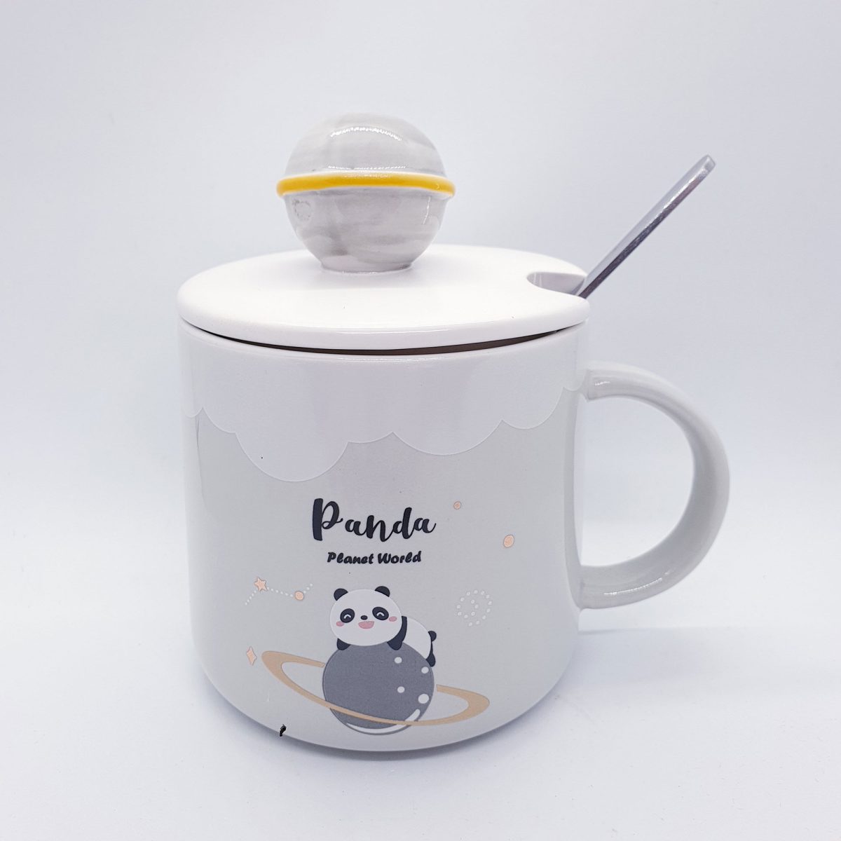 Cute Space  Mug with Lid and Spoon - Grey Panda