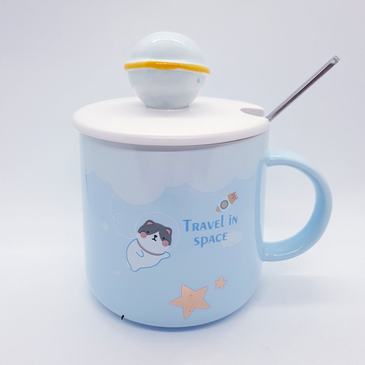 Cute Space  Mug with Lid and Spoon - Blue Dog